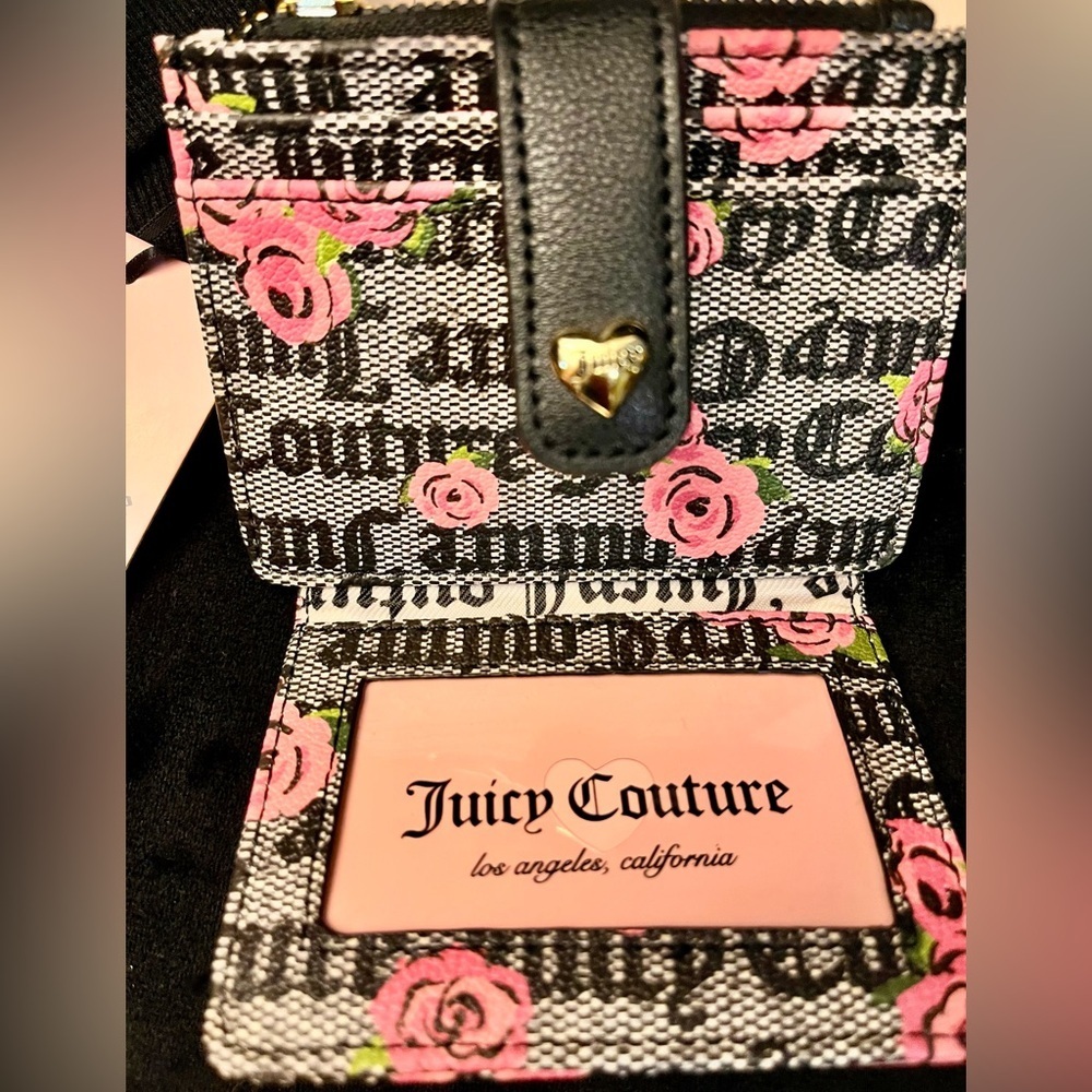 Juicy Couture Pink Bloom Rose Black Logo Tab Card Case Wallet Bifold NWT Vintage